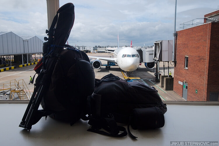 Here, one backpack of cameras, one with a laptop and stuff pictured at Heathrow Airport. If you’ve ever wondered if you can carry on a 50-inch lightstand, yes you can. (“It is a camera tripod, not a rifle.” One security officer said in to his radio while I was entering the airport)
