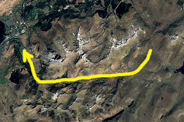 A satellite image of the Glen Nevis and its surrounding.